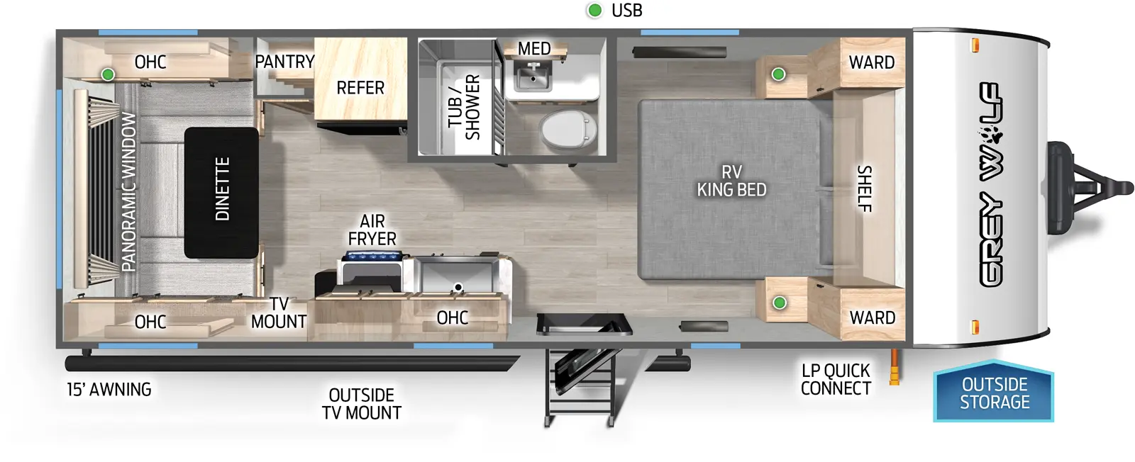 The Grey Wolf 20RDSE floorplan has one entry and zero slide outs. Exterior features include: metal exterior and 15' awning. Interiors features include: u-dinette and front bedroom.